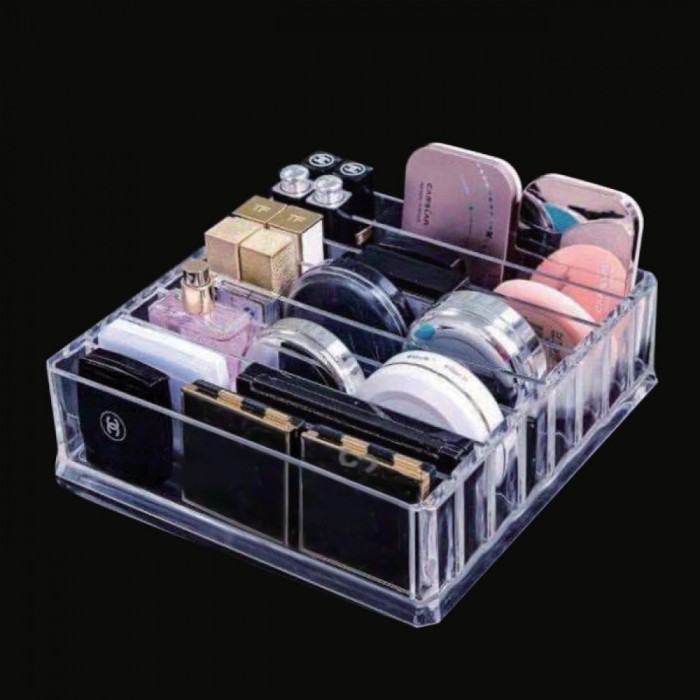 Suport Cosmetice, Model 8 Compartimente, Material Acrilic, Transparent, Dimensiuni 23x24x6.5cm