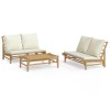 Set mobilier de gradina, cu perne alb crem, 3 piese, bambus