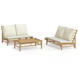 Set mobilier de gradina, cu perne alb crem, 3 piese, bambus