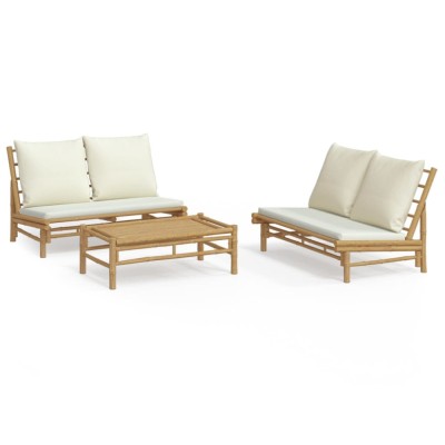 Set mobilier de gradina, cu perne alb crem, 3 piese, bambus foto