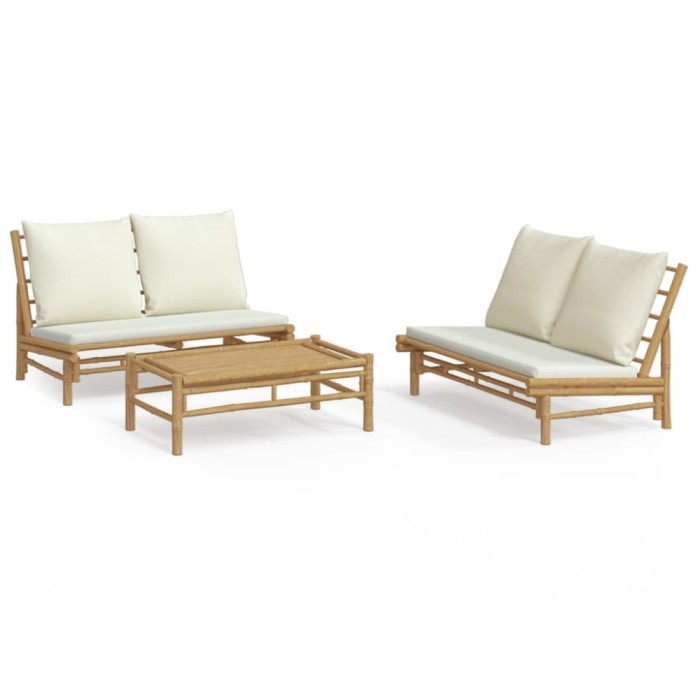 Set mobilier de gradina, cu perne alb crem, 3 piese, bambus