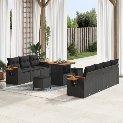 Set de sofa pentru gradina Gossi 10 piese cu perne negre ratan poli acacia, set de mese pentru gradina Gossi 3 piese cu perne negre ratan poli acacia foto
