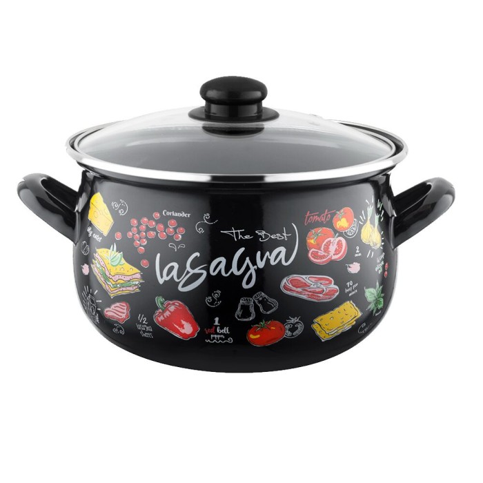 Oala emailata neagra cu capac din sticla 20 cm, Florina