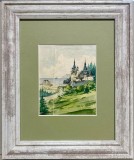 Toader Schipor- Tablou 1962 Peisaj Vizionar De la Munte pana la Mare Peles Cazinoul, pictura &icirc;n acuarele, &icirc;nrămat 26x31cm