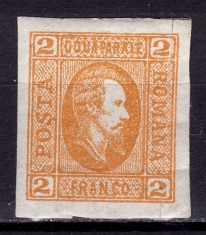 ✅ RO 1865 ,LP 15 c ,&quot;Al.-Ioan Cuza in oval &quot;, 2 par portocaliu / hartie vargata , guma , vagi urme sarniera MLH , poanson,fisura verticala in dreapta