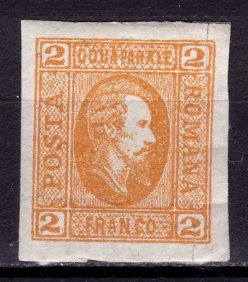 ✅ RO 1865 ,LP 15 c ,&amp;quot;Al.-Ioan Cuza in oval &amp;quot;, 2 par portocaliu / hartie vargata , guma , vagi urme sarniera MLH , poanson,fisura verticala in dreapta foto