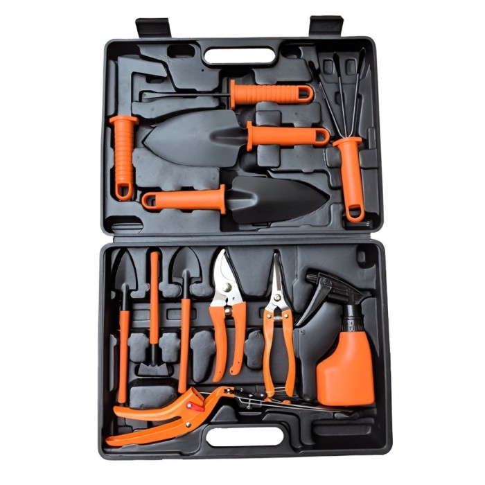 Set 12 Unelte de Gradina, pentru Plantare Prelucrare Sol si Ingrijire Plante, Manere Portocalii, Material PVC si Cardboard