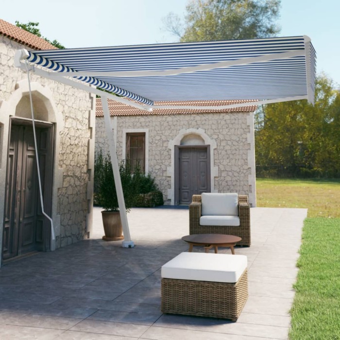 Copertină autonomă retractabilă manual, albastru/alb 500x350 cm