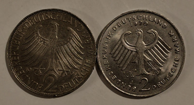 Lot 2 monede 2 Mark 1960 si 1970 - Max Planck si Theodor Heuss foto