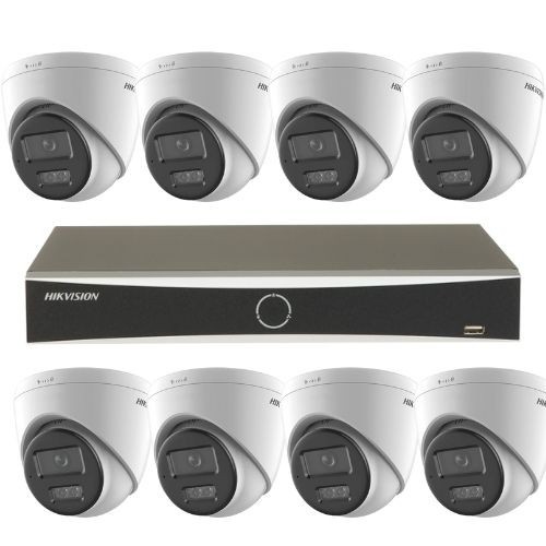 Sistem supraveghere IP 4K Hikvision 8 camere 8MP IR 30m lumina alba 30m microfon Smart Hybrid Light, NVR 8 canale PoE 12MP AcuSense SafetyGuard Survei
