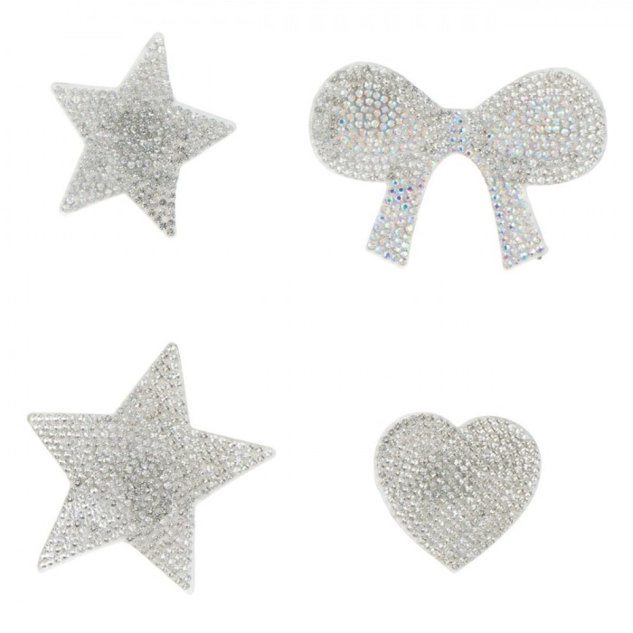 Set Autocolante, Patches, 6 Bucăți, Forme Inimă, Stea și Fundiță, Pietre Argintii, Plastic