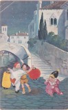 Cumpara ieftin Desen cu personaje de carnaval, cer cu stele, circulat 1928, 14x9 cm, stare buna