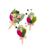 Set 3 Cocarde flori pentru piept, din plante Naturale Uscate si frunze tip voal