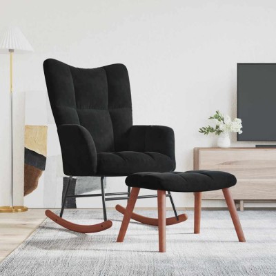 vidaXL Scaun balansoar cu taburet, negru, catifea 328156 foto