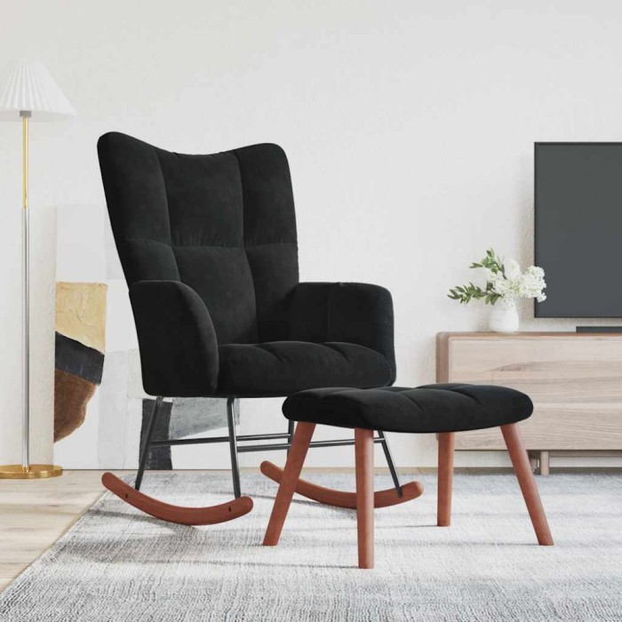 vidaXL Scaun balansoar cu taburet, negru, catifea 328156