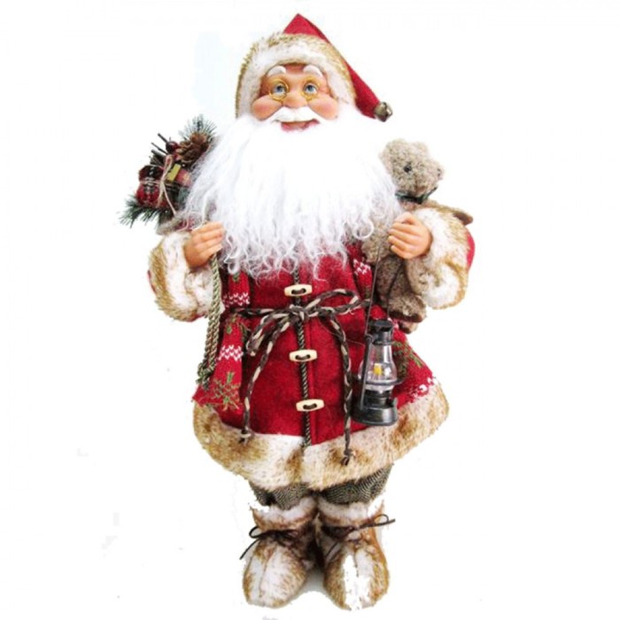 Figurină Decorativă Crăciun, Model Moș cu Felinar și Ursuleț, &Icirc;nălțime 45 cm, Culoare Roșie