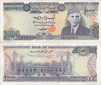 1987, 1.000 rupees (P-43a.3) - Pakistan - stare XF+! foto