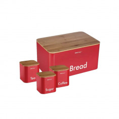Set cutie paine si 3 recipiente pentru bucatarie, oțel-bambus, rosu, KingHoff
