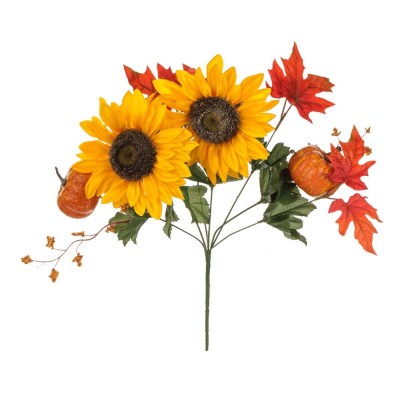 Floare Artificială, Model Buchet Floarea Soarelui, Dovleci și Frunze De Platan, 40cm, Galben și Portocaliu foto