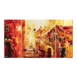 Set 3 piese tablou pictat manual, living, birou, La plimbare prin centrul vech, 160x90cm ulei pe panza in cutit efect 3D, gatat de expus pe perete