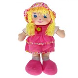 Păpușă Textilă, Model Clasic, Păr Blond, Rochie Roz, 30 cm, Oem