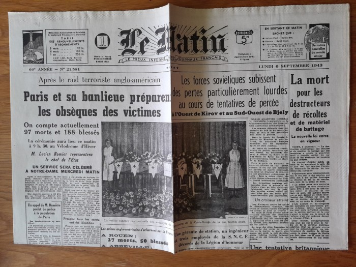 Ziare Vechi -Le Matin 1943 - al doilea Război mondial.