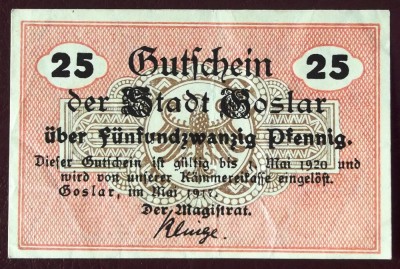 Germania notgeld 25 pfennig 1920 Goslar ** foto
