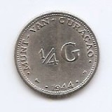 Antilele Olandeze (Curacao) 1/4 Gulden 1944 - Wilhelmina, Argint 3.58g/640, 19 mm, KM-44