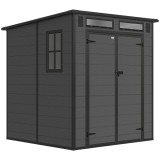 Outsunny Căsuță de Grădină cu 2 Intrări, 3 Ferestre și Guri de Aerisire, din PP și Aluminiu, 182x182x196 cm, Gri &Icirc;nchis | Aosom Romania