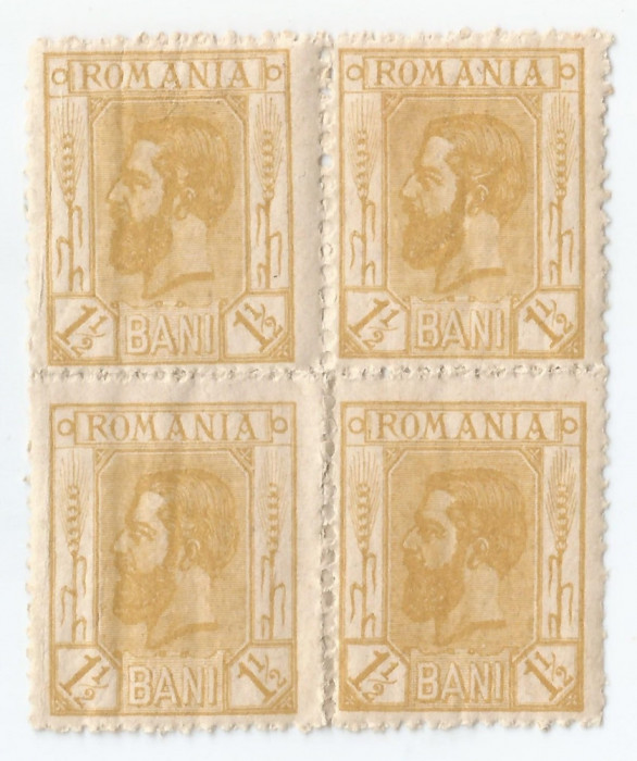 *Romania, LP 68/1911, Carol I &quot;Spic de grau&quot; (1 1/2 b. galben), bloc de 4, MNH