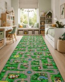Cumpara ieftin Traversa Copii Roads Verde 100x300cm Tesatura Plata Polipropilena Antialergica Model Autostrada pentru Camera Copilului Covor Educativ