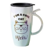 Cana inalta din ceramica cu capac Pufo Cool Cat, pentru cafea sau ceai, 450 ml