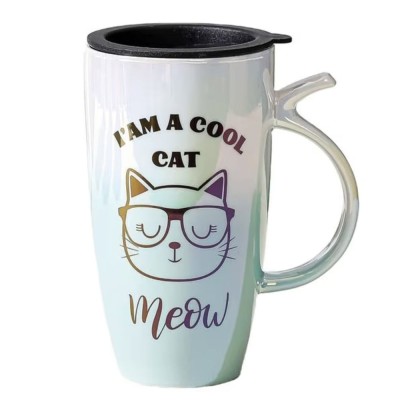 Cana inalta din ceramica cu capac Pufo Cool Cat, pentru cafea sau ceai, 450 ml foto