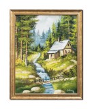 Tablou peisaj de la munte pictat manual inramat, Oaza de liniste, 55x45cm ulei panza, rama alba din lemn