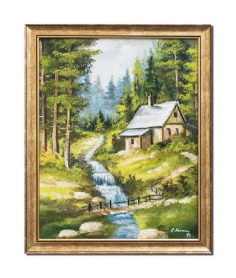 Tablou peisaj de la munte pictat manual inramat, Oaza de liniste, 55x45cm ulei panza, rama alba din lemn foto