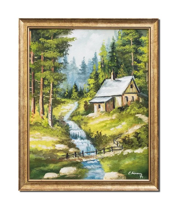 Tablou peisaj de la munte pictat manual inramat, Oaza de liniste, 55x45cm ulei panza, rama alba din lemn