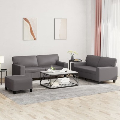 vidaXL Set de canapele, 3 piese, gri, piele ecologică foto
