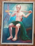 Tablou studiu portet figurativ barbat semi-nud pictura pe carton, in rama lemn, 52 &times; 68 cm