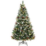 HOMCOM Brad de Crăciun &Icirc;nzăpezit 210 cm, 400 de Lumini LED Bicolore, Telecomandă, 11 Modalități, 1253 de Ramuri, Conuri de Pin, Fructe Roșii | Aosom R