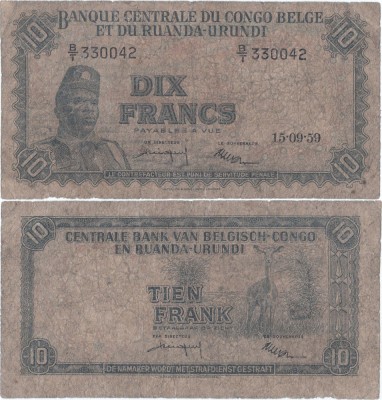 1959 (15 IX), 10 francs (P-30b.10) - Congo Belgian foto