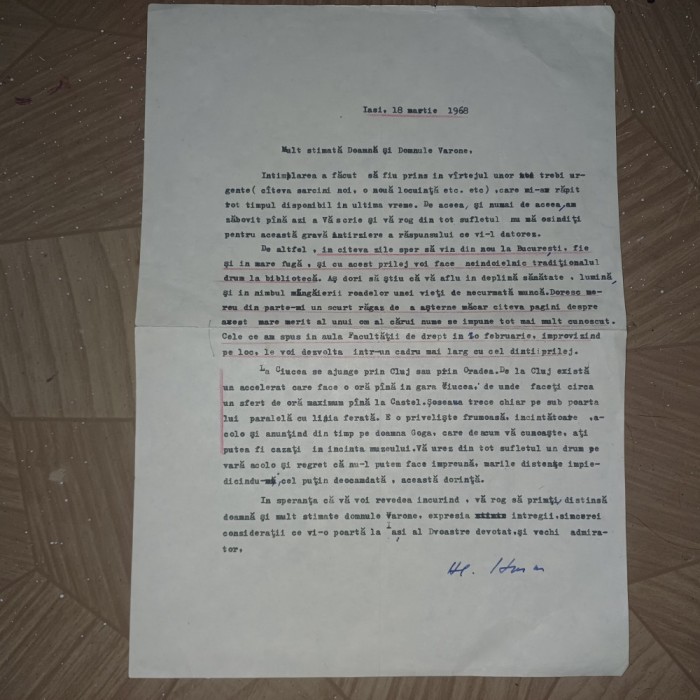 SCRISOARE ALEXANDRU HUSAR CATRE G.T.NICULESCU-VARONE-1968