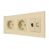 Priza schuko tripla - 2 x priza simpla + 1 x priza TV / internet Luxion LX-2MP010/26/25G-G, incastrat, contact de protectie, rama de sticla inclusa, a