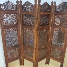 Superb paravan antic decorativ din lemn sculptat integral manual cu 4 panouri lemn de mahon