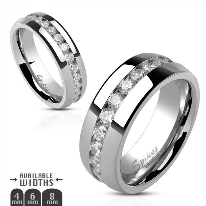 Inel din oţel, culoare argintie, linie continuă de zirconii transparente de-a lungul circumferinţei, 6 mm - Marime inel: 62