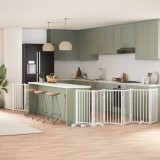 vidaXL Poartă c&acirc;ini pliabilă cu ușă, 9 panouri, alb, 450 cm, lemn plop