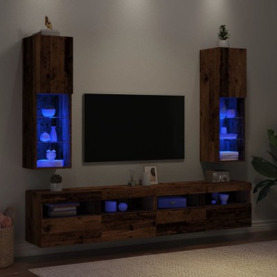 Gossi comode tv cu lumini led, 2 buc., lemn vechi, 30,5x30x102 cm foto