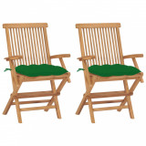 VidaXL Scaune grădină cu perne, 2 buc., verde, lemn masiv tec 3062507