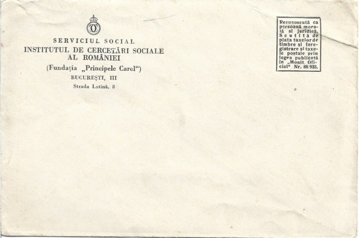 A3327N Plic cu antet Institutul de Cercetări Sociale, Fundația Principele Carol, Serviciul Social, perioada interbelică