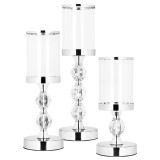 Set 3 sfesnice metalice cu glob cristal si abajur sticla, 28-41 cm, argintiu Household NewTrend