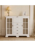 Comoda living cu vitrina VM7, o usa rabatabila pentru bar, 2 usi fixe, 3 sertare, Pal melaminat, cu insertii MDF, Alb Antichizat